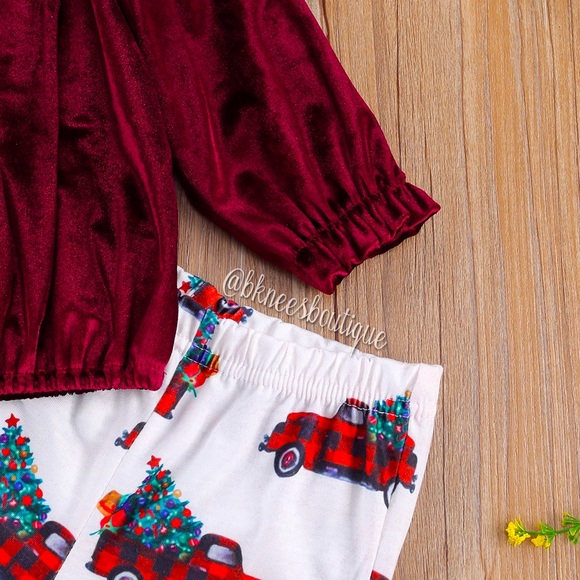 Toddler Girl Boutique Winter Tree Farm Truck Matching Velvet Outfit Set - Picture 3 of 3